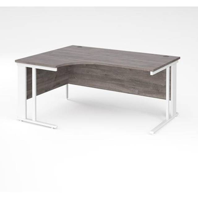 Maestro 25 left hand ergonomic Office Desk 1600mm wide with 2 drawer pedestal - white cantilever leg frame, grey oak top - Grey