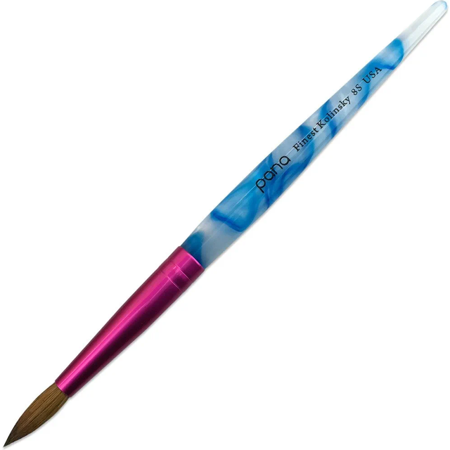 PANA USA Acrylic Nail Brush Pure Kolinsky Hair Acrylic White Swirl Blue Handle with Pink Ferrule Round Shaped - Size 8