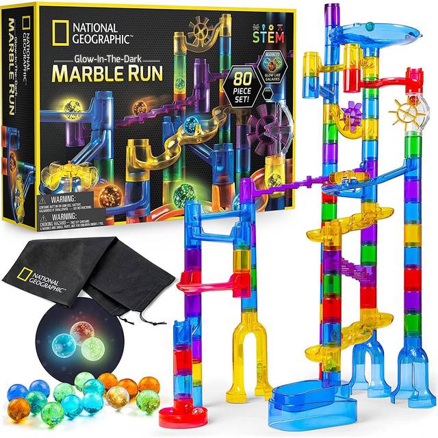 National Geographic Glowing Marble Run  80 Piece Construction Set with 15 Glow in the Dark Glass Marbles, Mesh Storage Bag & Marble Pouch, Great Crea