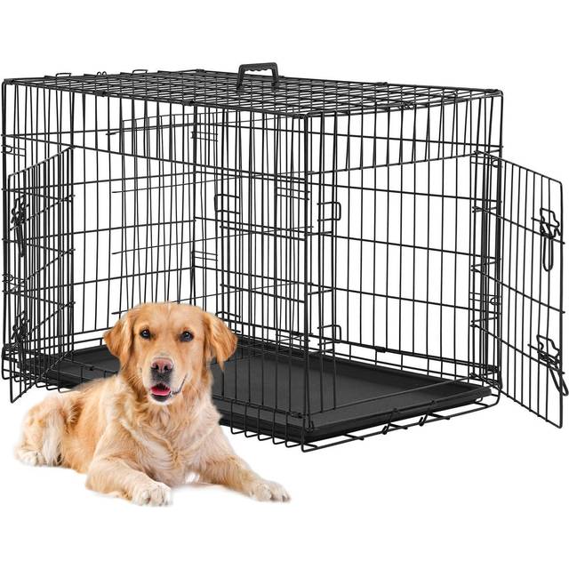 BestPet Dog Crate Dog Cage Dog Kennel Metal Wire Double-Door Folding Pet Animal Pet Cage with Plastic Tray and Handle for Small Dogs 24 inches