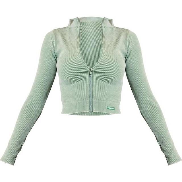 Khaki Acid Wash Seamless Rib Zip Up Cropped Sports Jacket, Green - L
