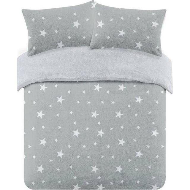 Dreamscene Star Teddy Fleece Duvet Cover Bedding Set - Silver / King