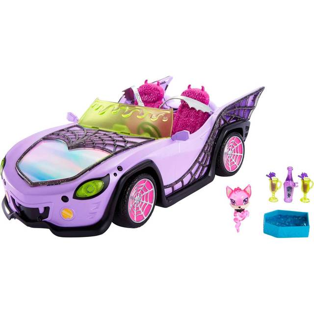Monster High-leksaksbil, Ghoul Mobile med husdjur och iskylare, lila cabriolet med spindelnätsdetaljer, HHK63