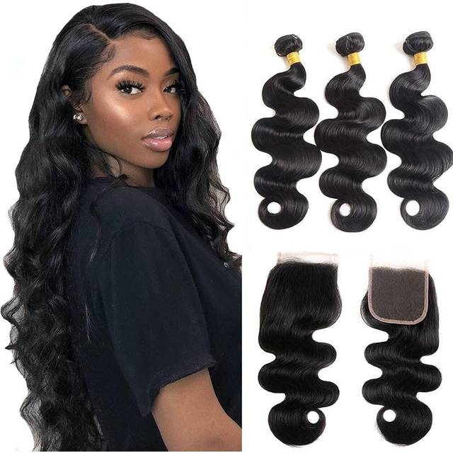 Body Wave 3 Bundles with Closure 100% Unprocessed Brazilian Body Wave Human Hair Weave with 4x4 Free Part Lace Closure Natural Color (14 16 18+12 Bund