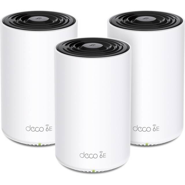 TP-Link Deco XE75 Pro Wi-Fi 6E Mesh WLAN-set (3-pack), AXE5400 Tri-band router och repeater, 2,5G-port, räckvidd upp till 670 m², WPA3, perfekt för stora hus, kompatibel med Amazon Alexa, vit