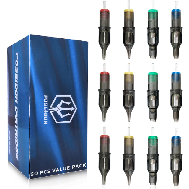 Poseidon Tattoo Cartridge Needles 50Pcs Assorted Mixed Size Round Liner Shader Magnum Curved/Round Mag 5rl 7rl 9rl 5rs 7rs 9rs 15m1 21m1 15cm 21cm