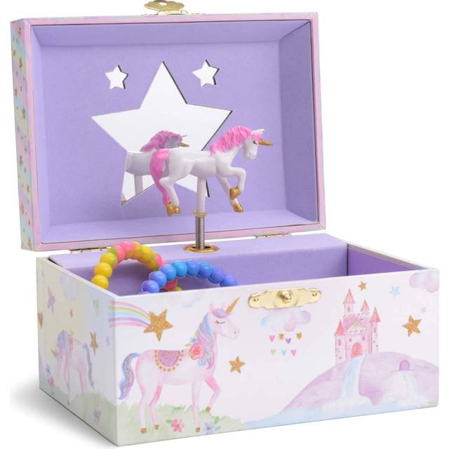 JewelKeeper Girl's Musical Jewellery Storage Box with Spinning Unicorn, Glitter Rainbow and Stars Design, The Unicorn Tune - Yellow
