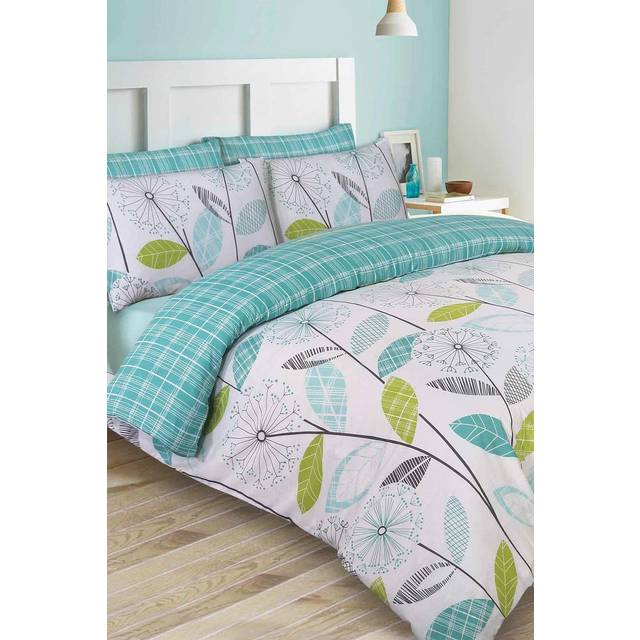 Dreamscene Allium Floral Tartan Check Bedding King Size Duvet Cover Set - Teal/Green - Blue