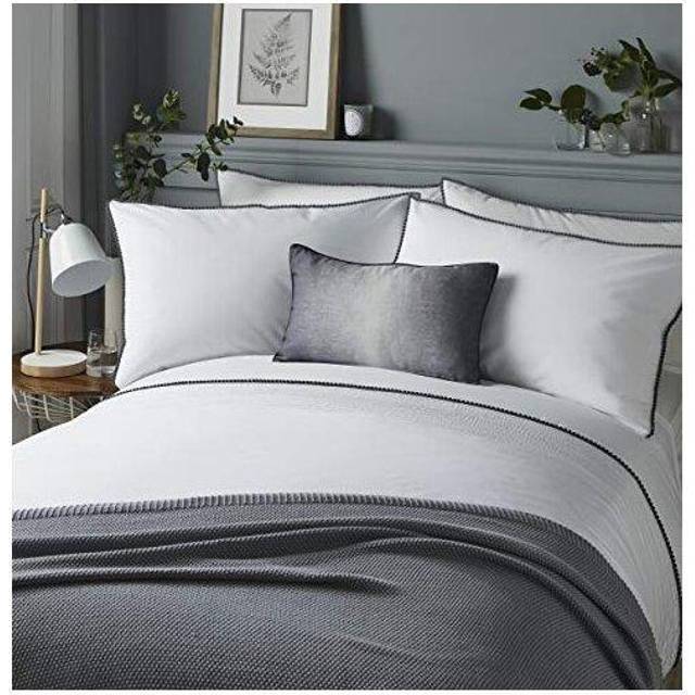 Serene - Pom Pom - Easy Care Duvet Cover Set | Super-King Size | White Bedding with Grey Pom Poms