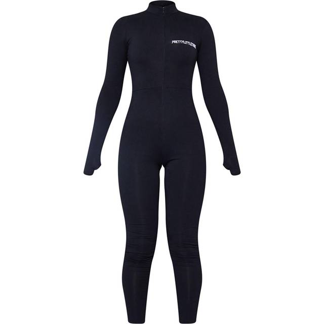 PRETTYLITTETHING Black Embroidered Zip Front Catsuit, Black - 14