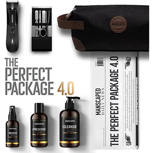 MANSCAPED Perfect Package 4.0 Kit Contains: The Lawn Mower 4.0 Electric Trimmer, Ball Deodorant, Body Wash, Performance Spray-on-Body Toner, Fo