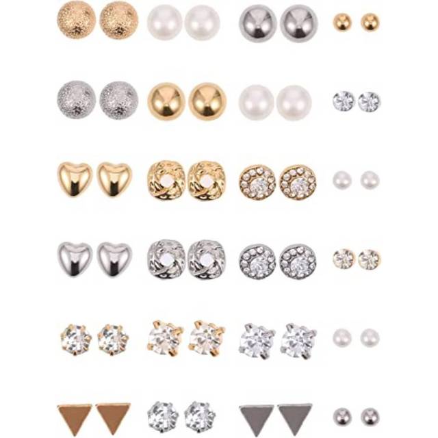 BBTO 24 Pairs Stud Earrings Crystal Pearl Earring Set Ear Stud Jewelry for Women Men(Sliver Gold)