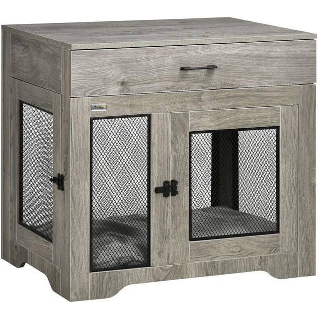 PawHut Double-Door Dog Kennel Furniture Pet Crate, for Medium Dogs, Indoor Use - - Grey