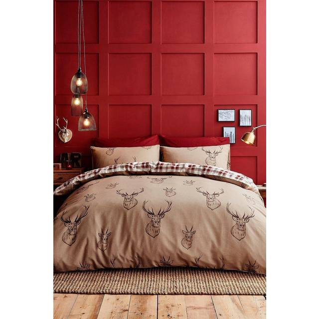 Catherine Lansfield Stag Duvet Cover Bedding Set Multi - Beige/Red
