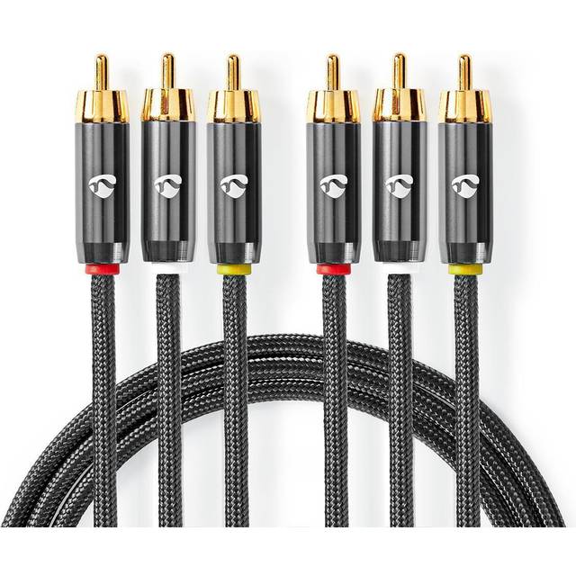 Nedis Sammansatt videokabel – 3 x RCA-kontakt – förgylld – 2 m – rund – bomullstyg – antracit