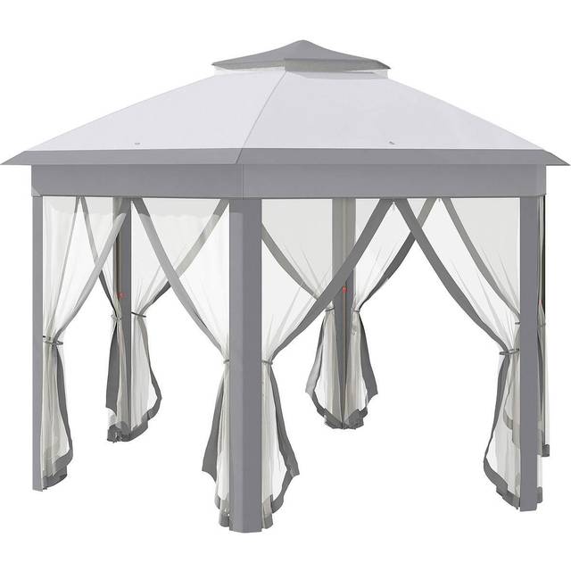 Outsunny 4X4M Hexagon Gazebo With Metal Frame Mesh Curtains Outdoor Garden - Grey, Grey