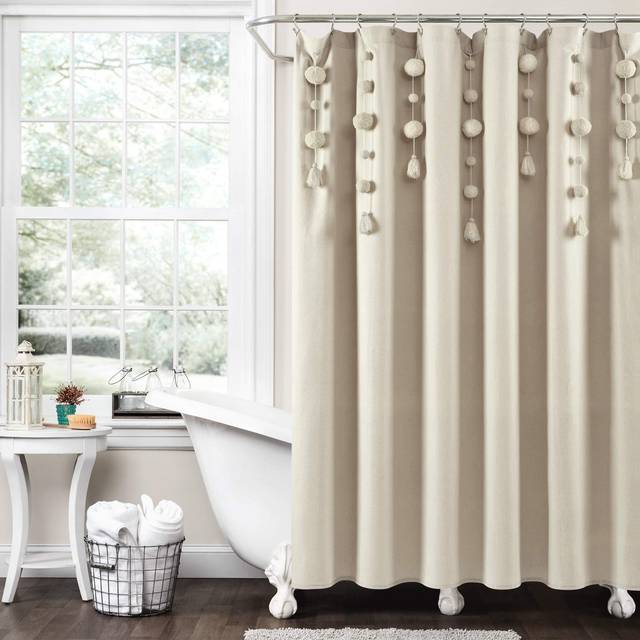 Lush Decor Boho Pom Tassel Shower Curtain, 72 in x 72 in, Dark Linen