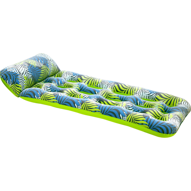 Aqua 18-Pocket Inflatable Contour Lounge  Luxury Fabric  Suntanner Pool Float  Heavy Duty  Blue Ferns