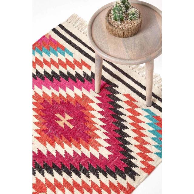 Manila Handwoven Pink, Orange and White Multi Coloured Diamond Patterned Kilim Wool Rug, 160 x 230 cm - Rose