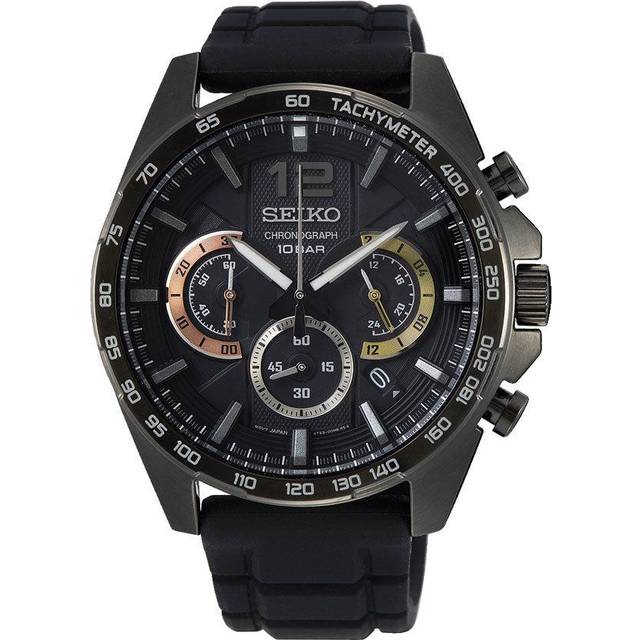 Seiko herrklocka kvarts rostfritt stål med silikonband, svart, Einheitsgröße, Kronograf