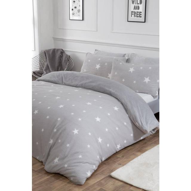 Dreamscene Star Teddy Fleece Duvet Cover Bedding Set - Silver / Double