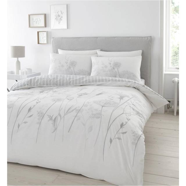 Catherine Lansfield Meadowsweet Floral Duvet Cover Bedding Set White Grey