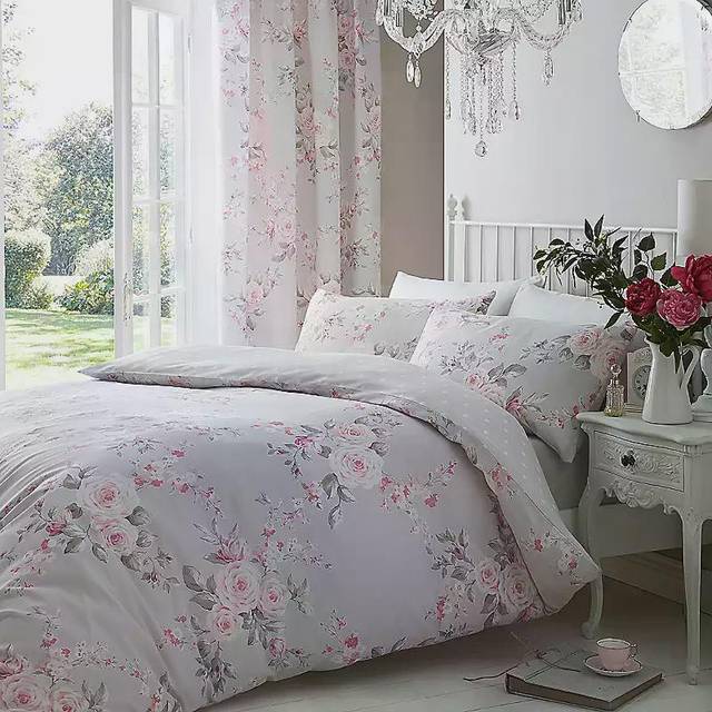 Catherine Lansfield Canterbury Floral Easy Care Duvet Cover Set - Grey - Single