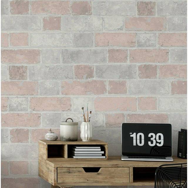 Brick wall effect stone pale pink light grey rustic wallpaper blush girls art