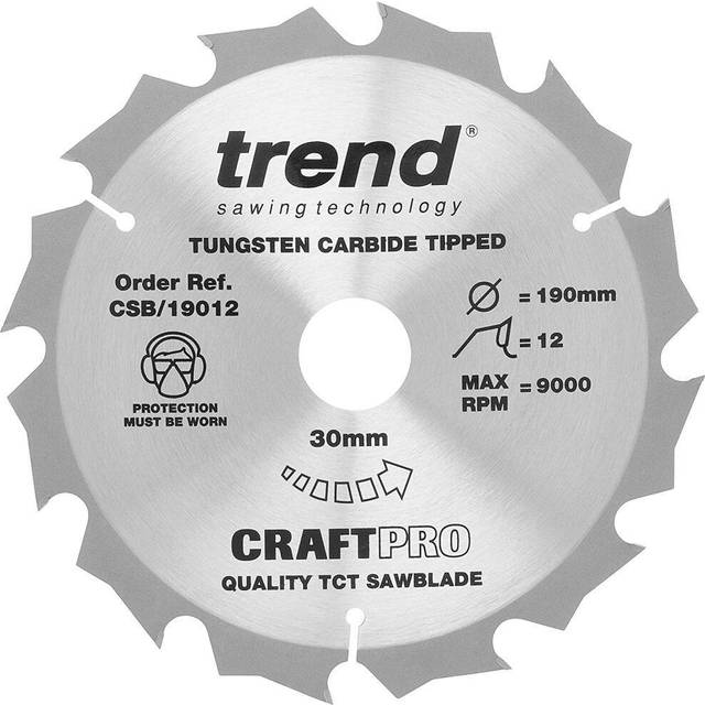 Trend CSB/19012 Craft Pro Rip TCT Circular Saw Blade, 190mm x 12 Teeth x 30mm Bore, Tungsten Carbide Tipped