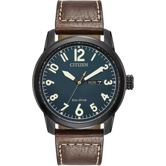 Citizen BM8478-01L Men's Day Date Leather Strap Watch, Brown/Blue