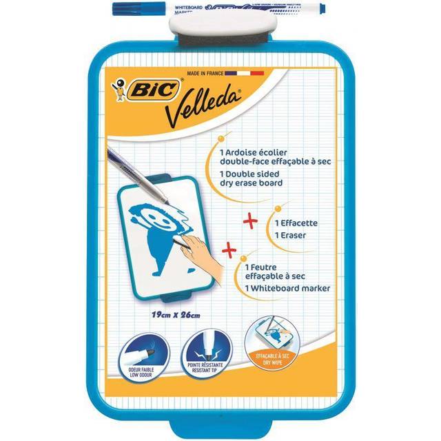 BIC Velleda Double-Sided Dry Erase Board, Size 19 x 26 cm with Blue Whiteboard Marker and Eraser, Pack of 1