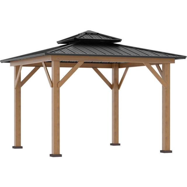 Outsunny 3.5 x 3.5m Aluminium Hardtop Gazebo w/ 2-Tier Roof and Solid Wood Frame - Grey, Black