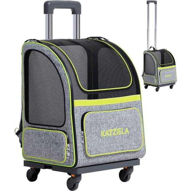 Katziela Wheeled Pet Carrier Backpack - Soft Sided  Airline Approved Hiking Carrying Bag for Small Dogs and Cats - Removable Rolling Wheels - Mesh Ven
