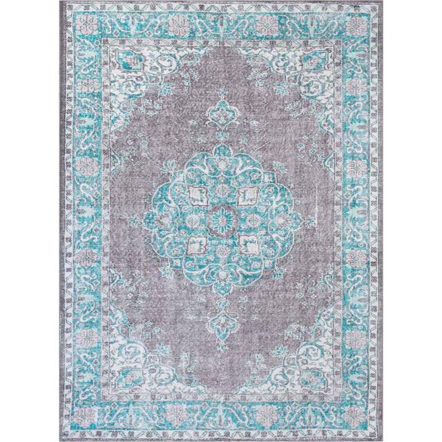 Nile Vintage Flat-Weave Machine Washable Medallion Teal Rug - Light Blue (Rectangle 230 x 290cm)