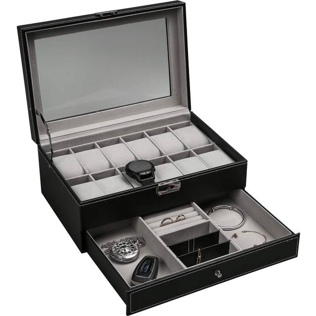 Ogrmar 12 Slot PU Leather Lockable Watch Storage Boxes, Men & Women Jewelry Display Drawer Case, 2-Tier Organizer Watch Showcase with Glass Lid