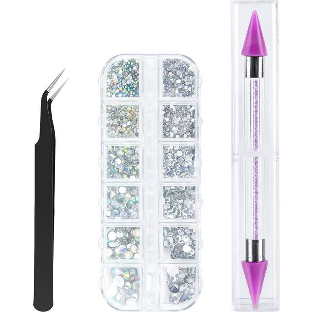 Canvalite 1500PCS Rhinestones in 6 Sizes Flat Back Gems, Crystal AB Rhinestones Nail Art Gems with Pick Up Tweezers and Rhinestone Picker Dotting Pen,