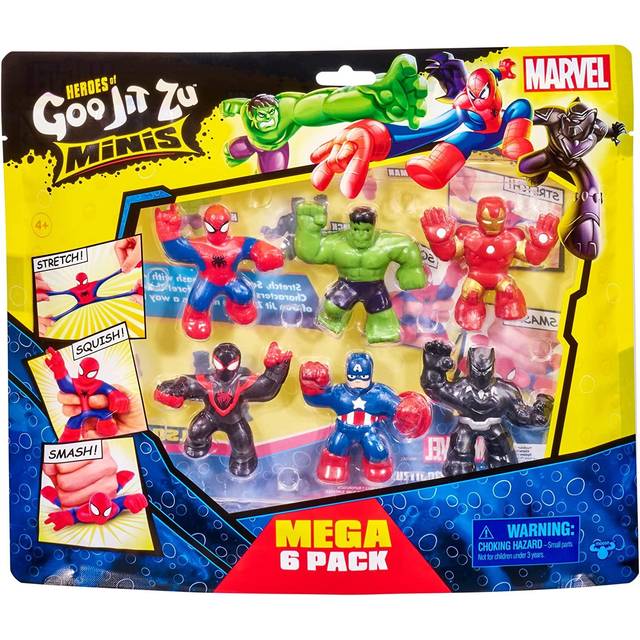 Marvel Mega Mini 6 Pack - Squishy, Stretchy, Gooey Mini Heroes - Ironman, Spider-Man, Captain America, Miles Morales, Hulk and Black Panther