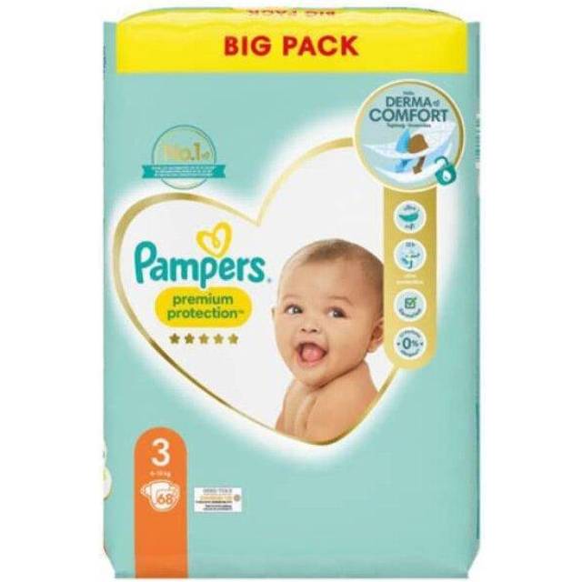 Pampers Baby blöjor storlek 3 (6–10 kg) premiumskydd, midi, 68 stycken, stor förpackning, bästa komfort och skydd för känslig hud
