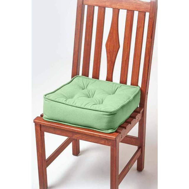 Homescapes Cotton Dining Chair Booster Cushion Firm 10cm Thick Seat Pad, 40 x 40 cm, Forest Green, 100% Cotton Cover, Quilted, Ties, Supportive