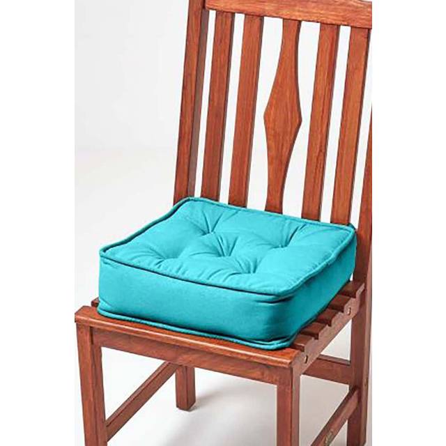 Homescapes Cotton Dining Chair Booster Cushion Firm 10cm Thick Seat Pad, 40 x 40 cm, Teal Green, 100% Cotton Cover, Hand Quilted, Ties, Supportive
