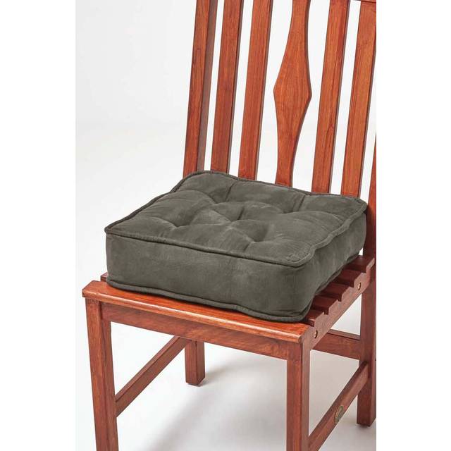 Homescapes Faux Suede Dining Chair Booster Cushion Firm 10cm Thick Seat Pad, 40 x 40 cm, Grey, Quilted Design, Ties, High Density Supportive Filling