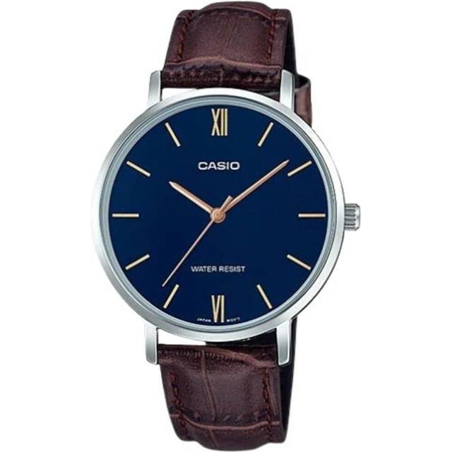 Casio Ltp-vt01l-2b Brown Leather Dark Blue Analog Lady Minimalistic Dress Watch
