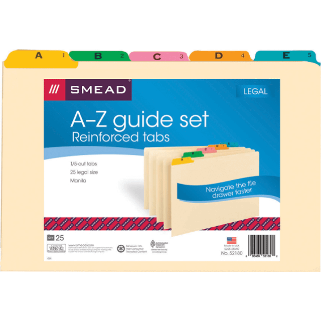 Smead 52180 Recycled Top Tab File Guides Alpha 1/5 Tab Manila/Color Legal 25/Set