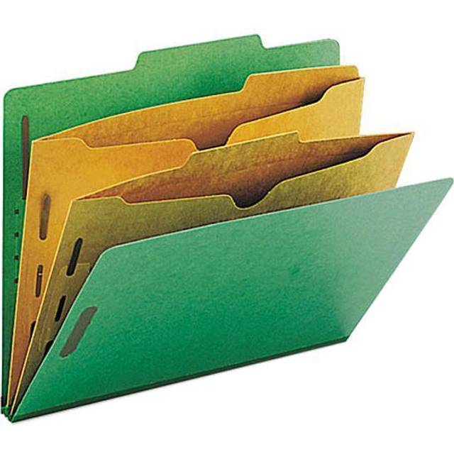 Smead Pressboard Classification File Folder with SafeSHIELD Fasteners  2 Pocket Dividers  2 Expansion  Letter Size  Green  10 per Box 14083