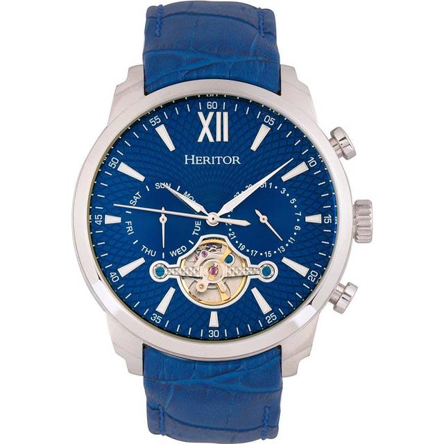 Heritor Automatic Mens Arthur Semi-Skeleton Leather-Band Watch w/ Day/Date - Blue Stainless Steel - One Size