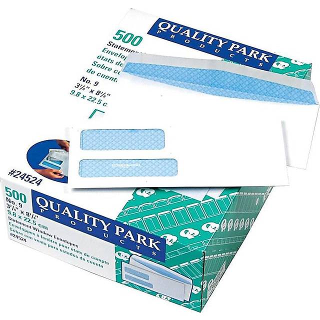 Quality Park #9 Security Envelopes  Double Window  Invoices and QuickBooks Statements  3-7/8 x 8-7/8 Inches  Gummed  24 lb White  500/Box (QUA24524)