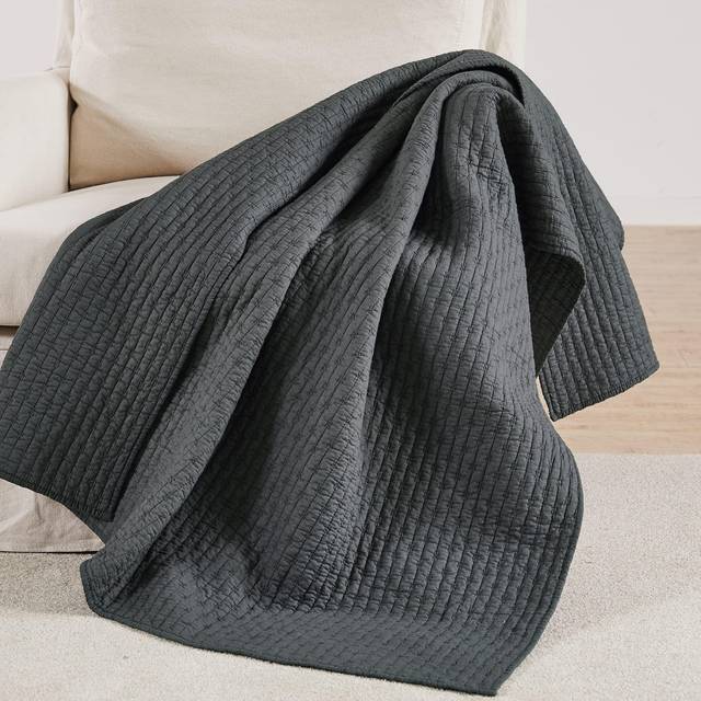 Levtex Home - Cross Stitch - Quilted Throw - 50x60in. - 100% Cotton - Reversible Pattern - Charcoal with Matching Stitching