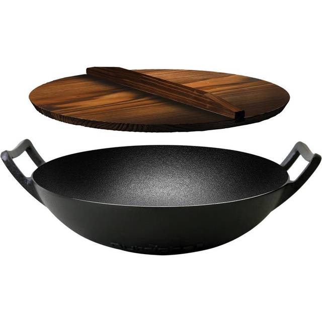 Nutrichef Pre-Seasoned Cast Pan-5.8 QT Heavy Duty Non-Stick Iron Chinese Wok or Stir Fry Skillet w/Wooden Lid, for Electric Stove Top, Induc