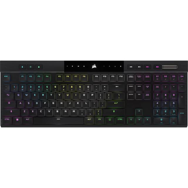 Corsair K100 AIR Trådlöst RGB mekaniskt speltangentbord – ultratunt, under-1 ms slipström, låglatens Bluetooth, Cherry MX Ultra Low Profile Key Switches – NA Layout, QWERTY – Svart