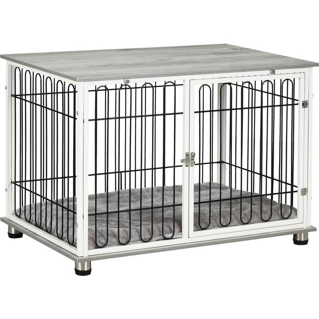 Pawhut Dog Crate Furniture Side End Table With Soft Washable Cushion, Indoor Dog Kennel With Lockable Door, For Small And Medium Dogs